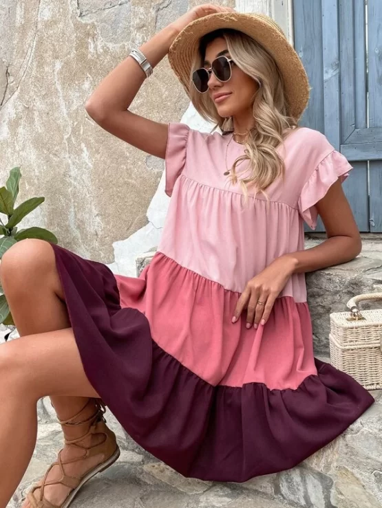 Color Block Flounce Sleeve Ruffle Hem Chiffon Smock Dress - Image 2