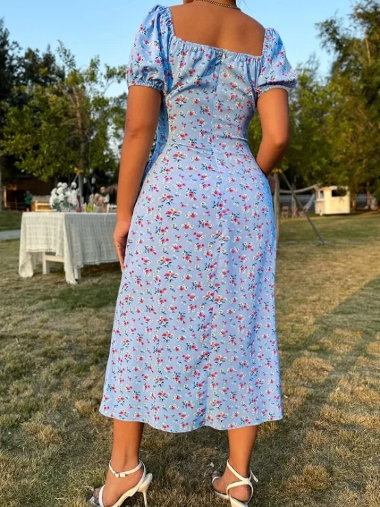 Ditsy Floral Sweetheart Neck Tie Front Split Thigh Dress - Image 4
