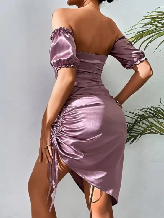 Off Shoulder Ruched Bust Drawstring Split Thigh Satin Dress - Image 2