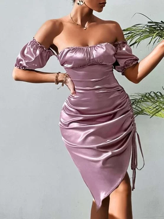 Off Shoulder Ruched Bust Drawstring Split Thigh Satin Dress - Image 3