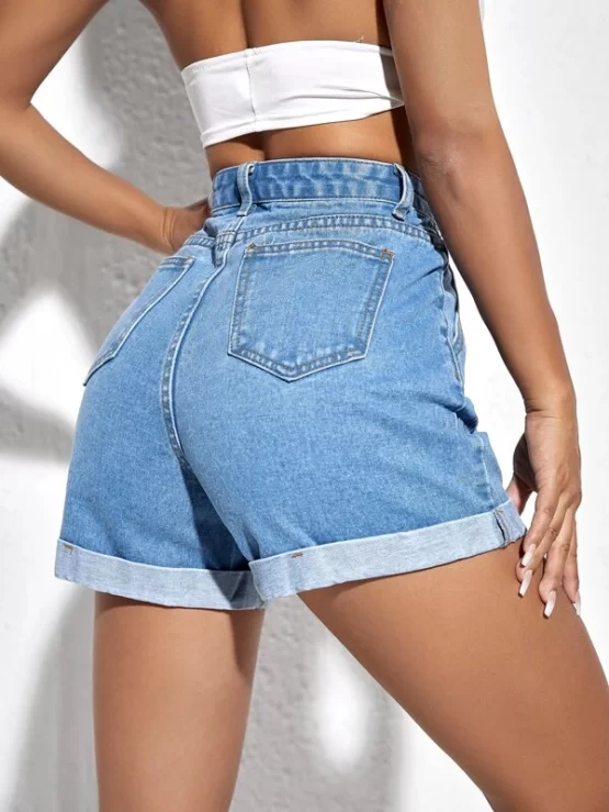 Cartoon Graphic Button Pocket Zipper Roll Hem Denim Shorts - Image 2