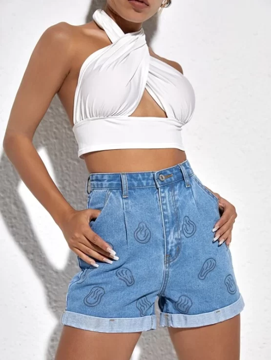 Cartoon Graphic Button Pocket Zipper Roll Hem Denim Shorts - Image 3
