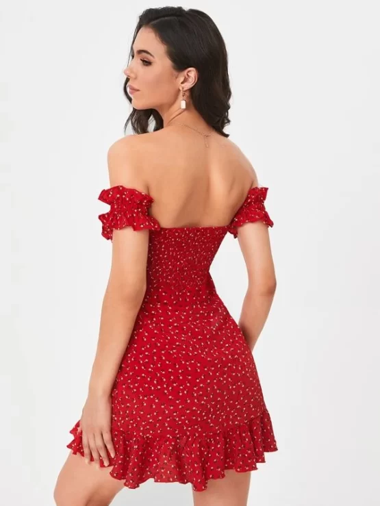 Ditsy Floral Off Shoulder Shirred Detail Ruffle Hem Dress - Image 3