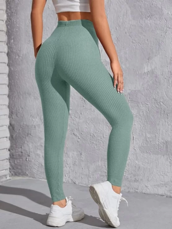 Knot Waist Plain Casual Rib-knit Solid Leggings - Image 5