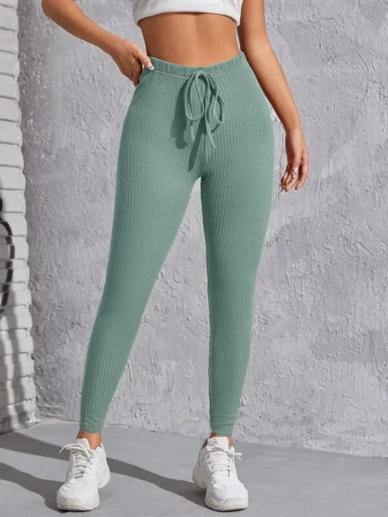 Knot Waist Plain Casual Rib-knit Solid Leggings - Image 4