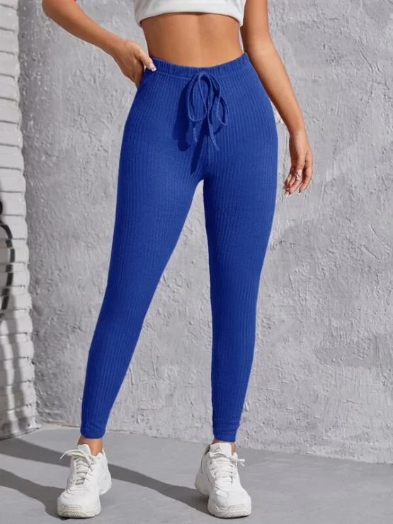 Knot Waist Plain Casual Rib-knit Solid Leggings - Image 2