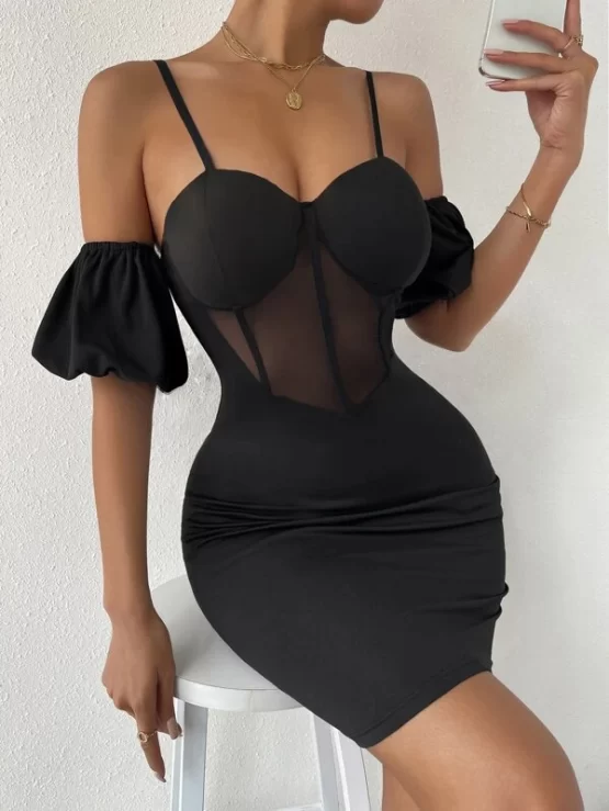 Mesh Insert Cold Shoulder Bustier Bodycon Dress - Image 3