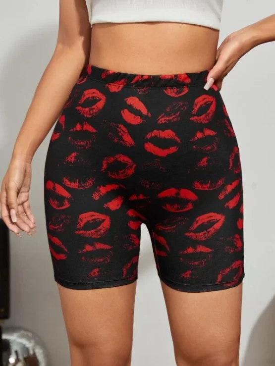 High Waist Casual Figure Lips Print Biker Shorts - Image 2