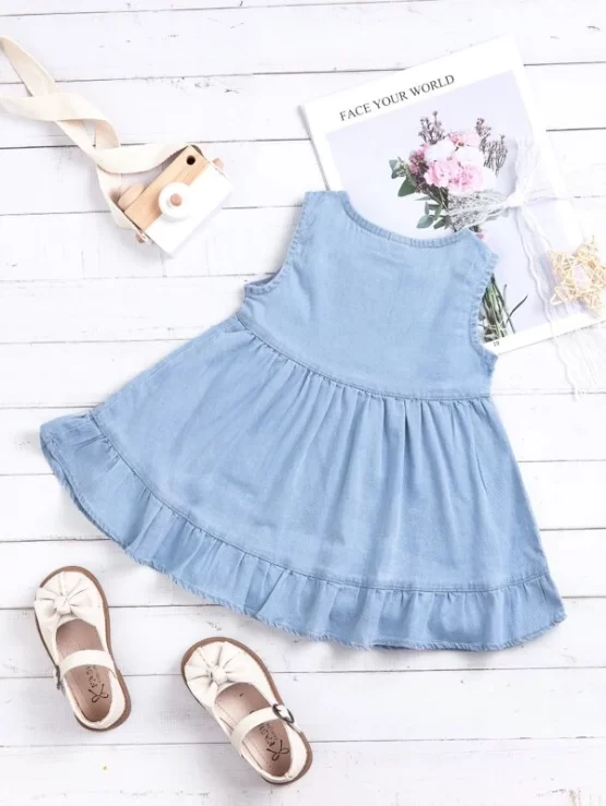 Baby Ruffle Hem Button Front Denim Dress - Image 2
