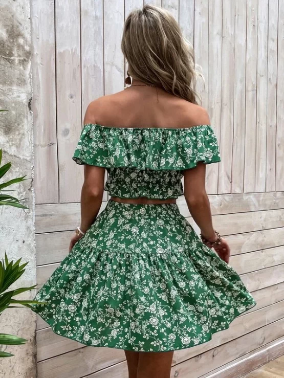 All Over Floral Print Off Shoulder Ruffle Trim Crop Top & Skirt - Image 2