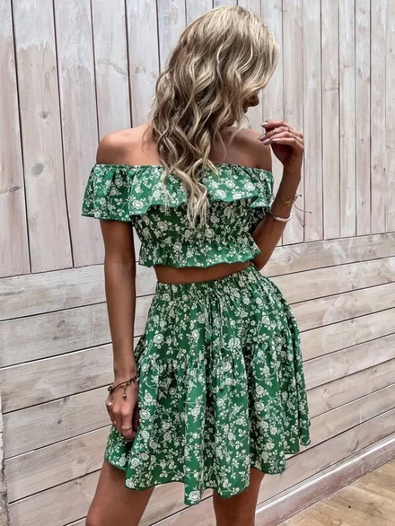 All Over Floral Print Off Shoulder Ruffle Trim Crop Top & Skirt - Image 3
