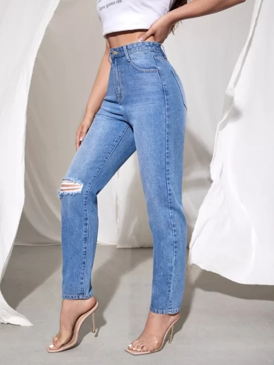 Zipper Fly Ripped Tapered Button Pocket Jeans - Image 3