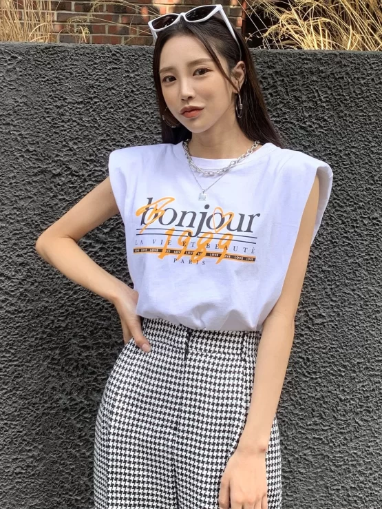 DAZY Casual Letter Print Shoulder Pad Tank Top - Image 2