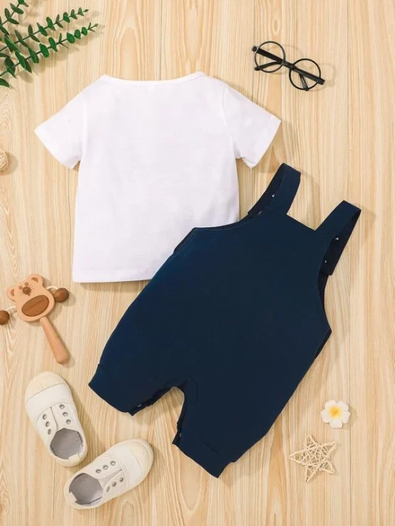 Baby Solid Tee & Cartoon Graphic Overall Shorts - Image 2