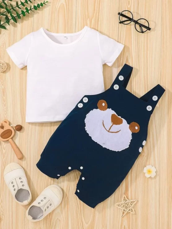 Baby Solid Tee & Cartoon Graphic Overall Shorts - Image 3