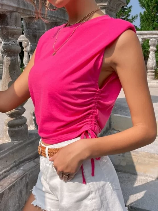 Shoulder Casual Plain Pad Drawstring Side Tank Top - Image 2
