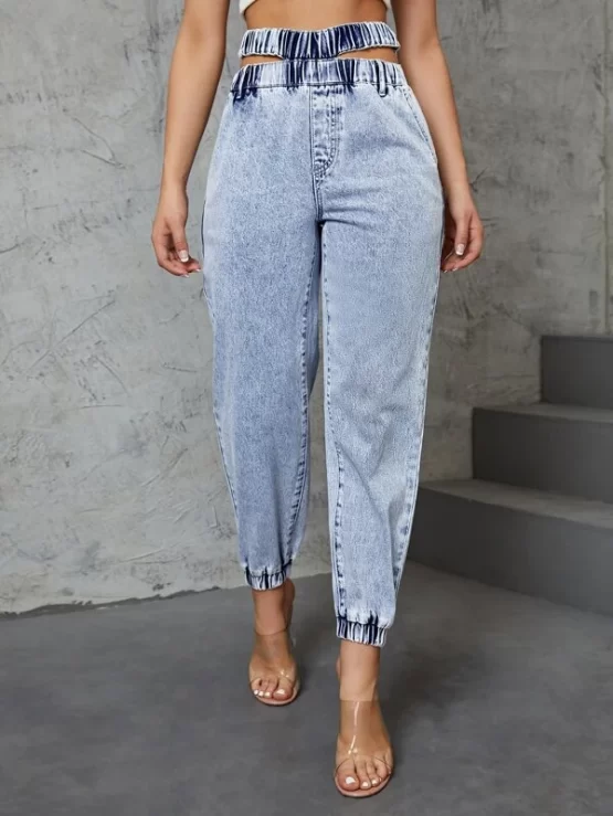 Plain Cut Out Cropped Jogger High Waist Jeans - Image 2