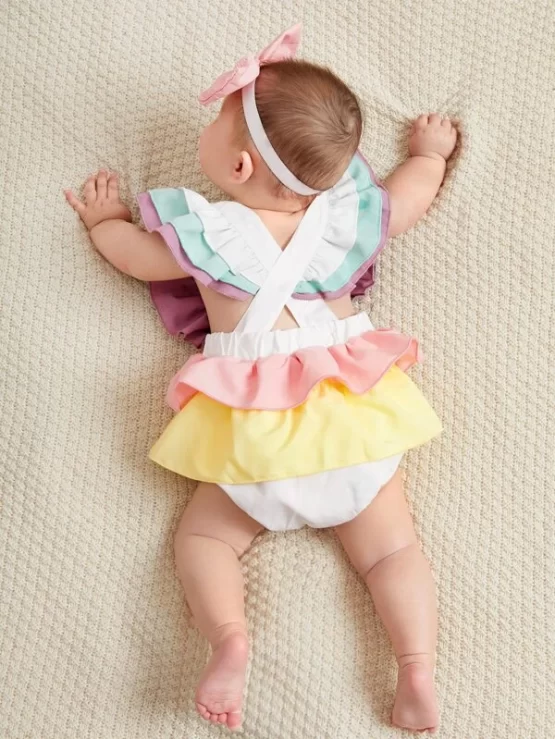 Baby Letter & Crown Print Layered Ruffle Overall Bodysuit & Headband - Image 2