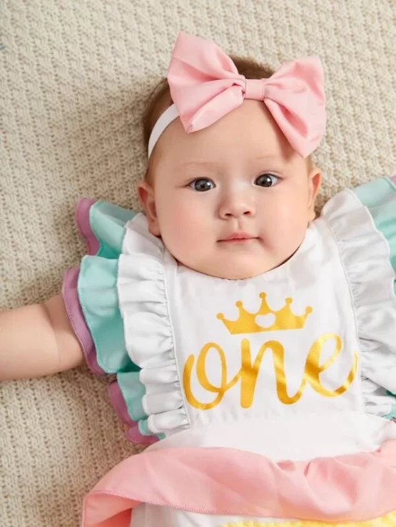 Baby Letter & Crown Print Layered Ruffle Overall Bodysuit & Headband - Image 3