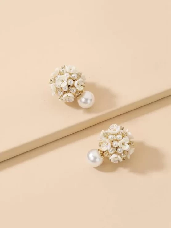 Two Pieces Rhinestone Faux Pearl Flower Earrings - Image 2