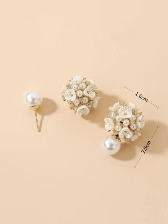 Two Pieces Rhinestone Faux Pearl Flower Earrings - Image 3