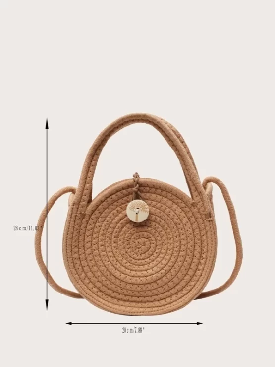 Mini Button Detail Round Straw Double Handle Bag - Image 2