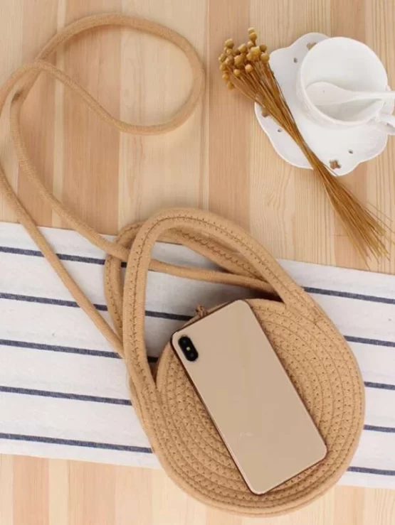 Mini Button Detail Round Straw Double Handle Bag - Image 3