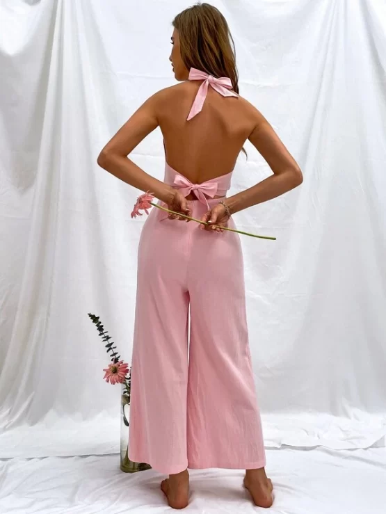 Backless Knot Cut Out Halter Neck Front Jumpsuit - Image 2