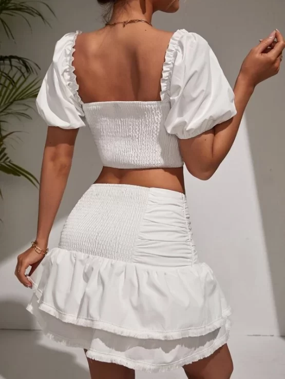 Sweetheart Neck Puff Sleeve Crop Top & Ruched Ruffle Hem Skirt Set - Image 3