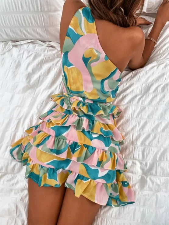 One Shoulder All Over Print Layered Hem Belted Dress - Image 3