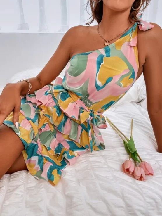 One Shoulder All Over Print Layered Hem Belted Dress - Image 2