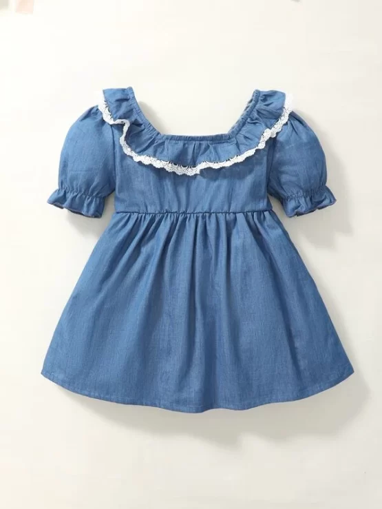 Baby Contrast Lace Ruffle Denim Trim Dress - Image 2