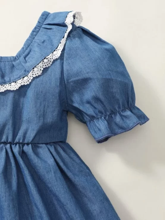 Baby Contrast Lace Ruffle Denim Trim Dress - Image 3