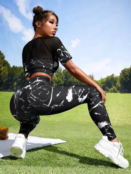 Softness Breathable Tie Dye Contrast Mesh Sports Tee & Sports Leggings - Image 3
