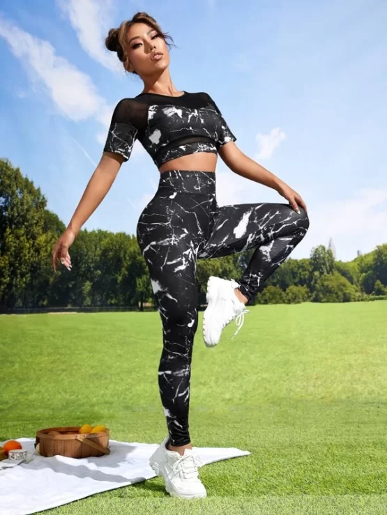 Softness Breathable Tie Dye Contrast Mesh Sports Tee & Sports Leggings - Image 2