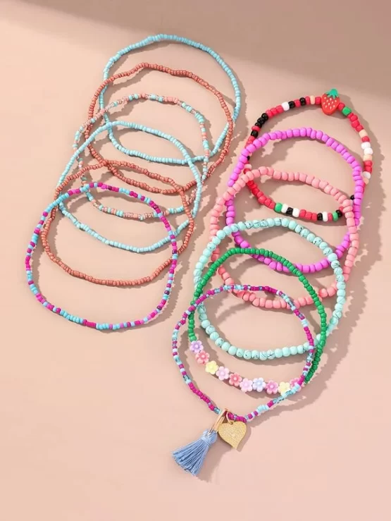 Twelve Pieces Random Heart & Tassel Charm Beaded Anklet - Image 3
