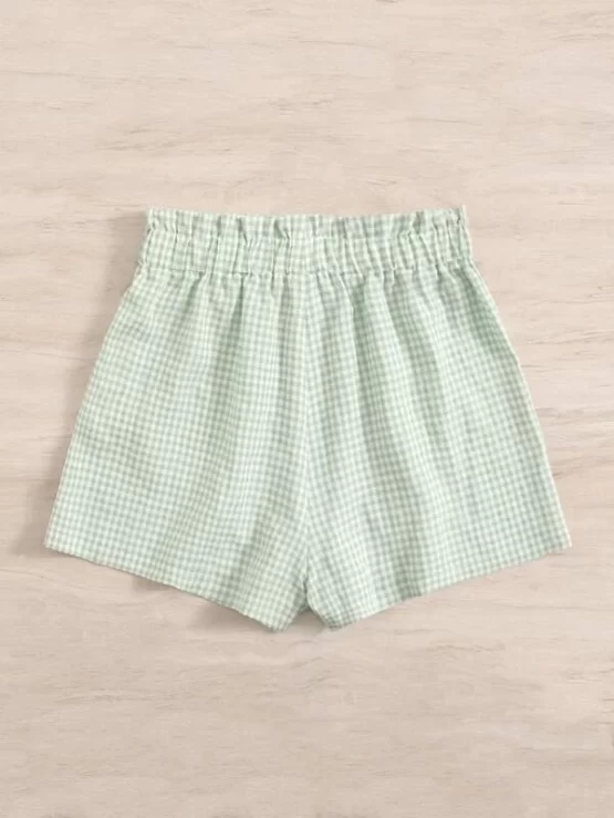 Teen Girls Gingham Print Paperbag Waist Knot Front Shorts - Image 3