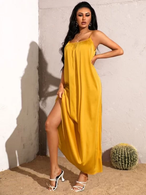 Solid Plain Sexy Backless Satin Cami Dress - Image 2