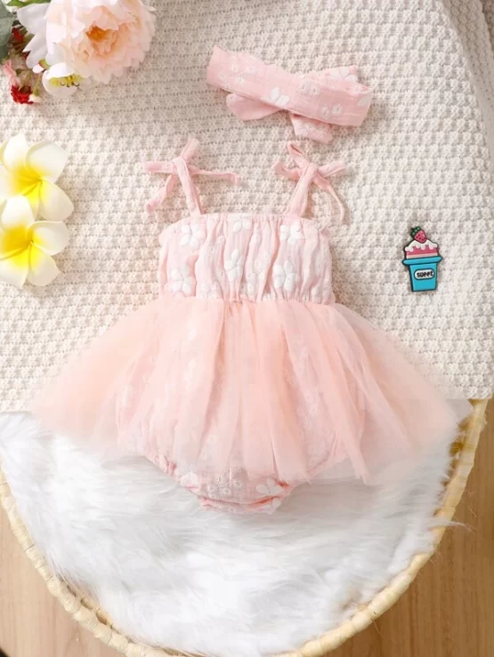Baby Floral Mesh Overlay Cami Bodysuit & Headband - Image 3