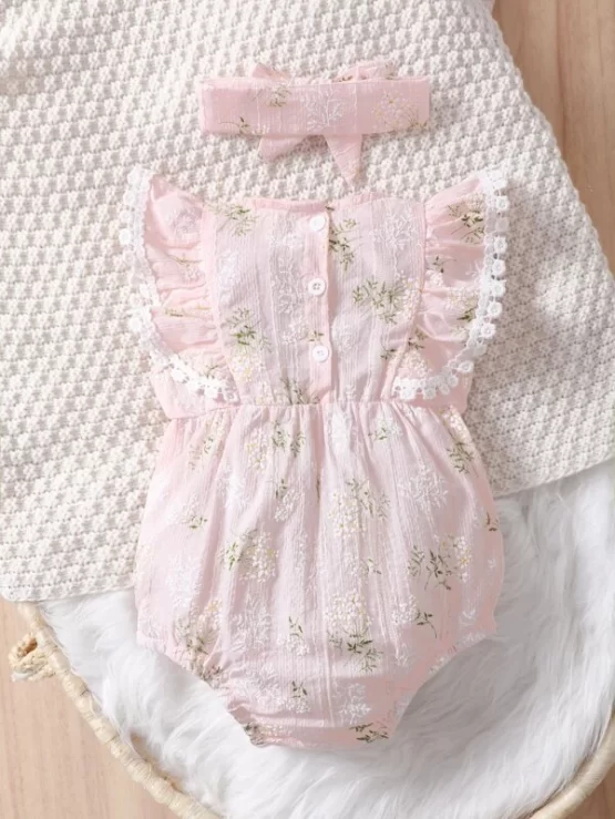Baby Floral Print Ruffle Trim Bow Front Bodysuit With Headband - Image 2