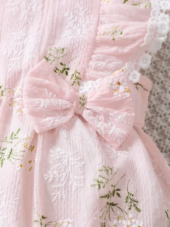 Baby Floral Print Ruffle Trim Bow Front Bodysuit With Headband - Image 3