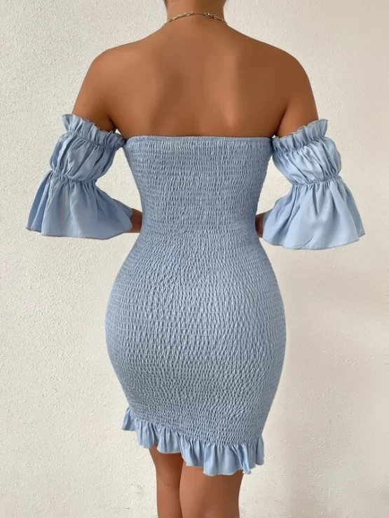 Off Shoulder Flounce Sleeve Shirred Ruffle Hem Bodycon Dress - Image 4