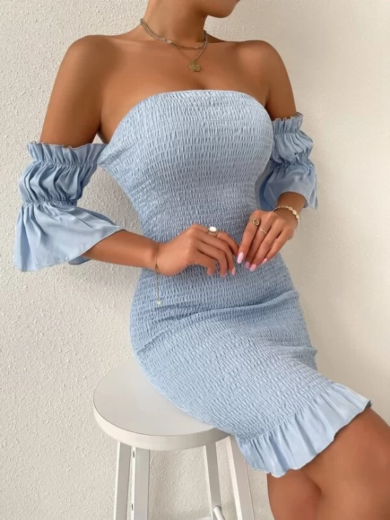 Off Shoulder Flounce Sleeve Shirred Ruffle Hem Bodycon Dress - Image 5