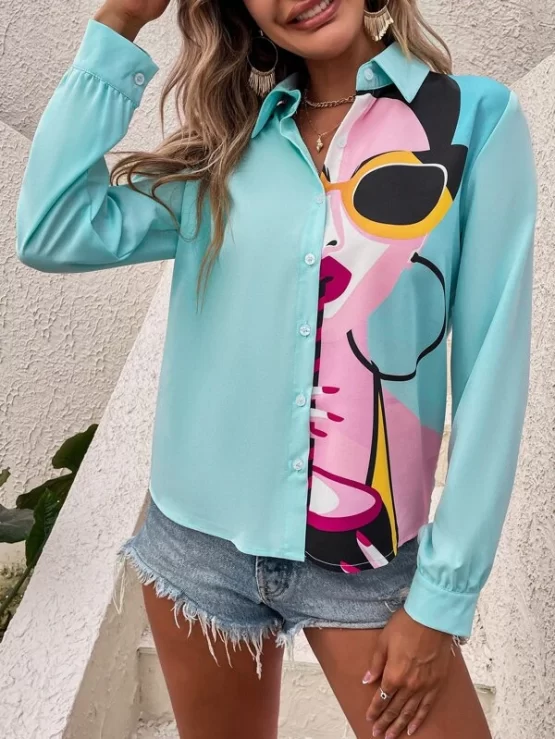Figure Casual Collar Graphic Button Front Blouse - Image 5