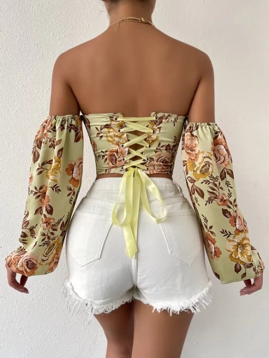 Floral Print Off Shoulder Lantern Grommet Lace Up Crop Sleeve Blouse - Image 2