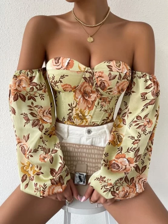 Floral Print Off Shoulder Lantern Grommet Lace Up Crop Sleeve Blouse - Image 3