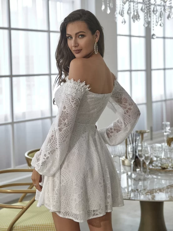Double Crazy Off Shoulder Lace Up Front Lantern Lace Sleeve Dress - Image 3