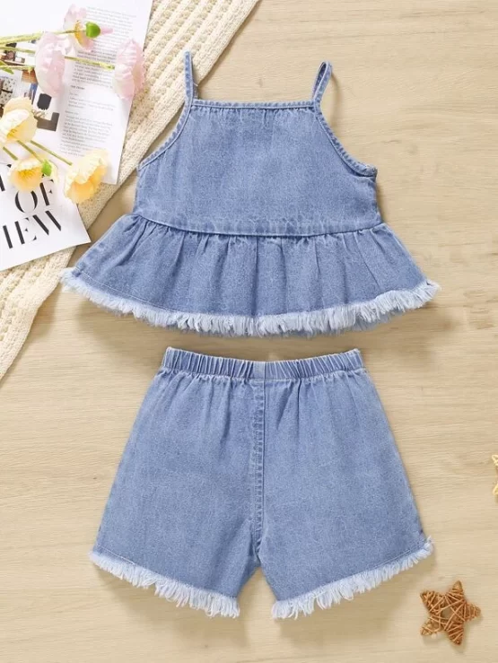 Baby Ruffle Raw Hem Denim Cami Top & Frill Trim Denim Shorts - Image 3