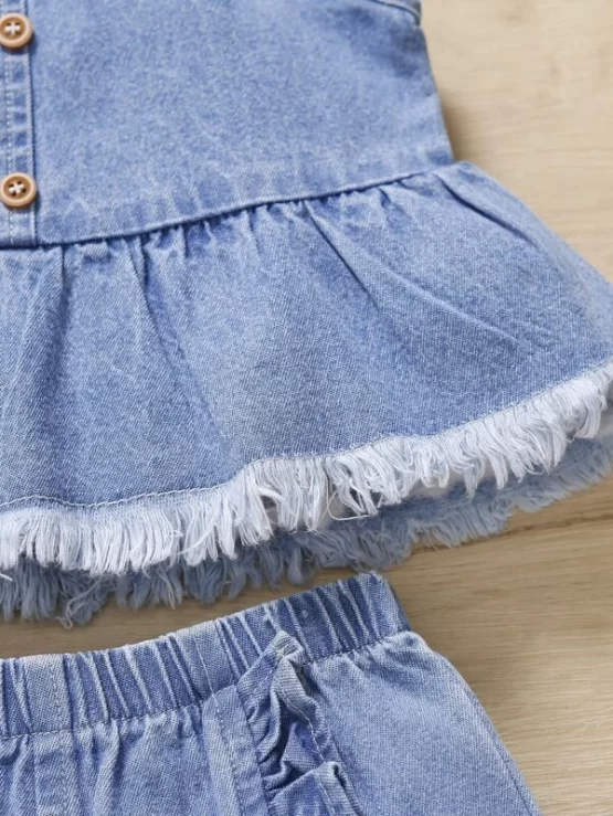 Baby Ruffle Raw Hem Denim Cami Top & Frill Trim Denim Shorts - Image 4