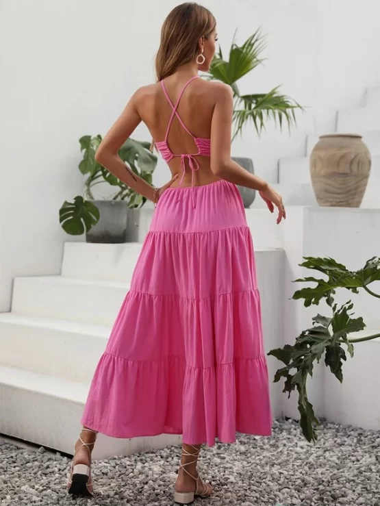 Criss Cross Tie Backless Cut Out Ruffle Hem Split Thigh Dress - Image 2